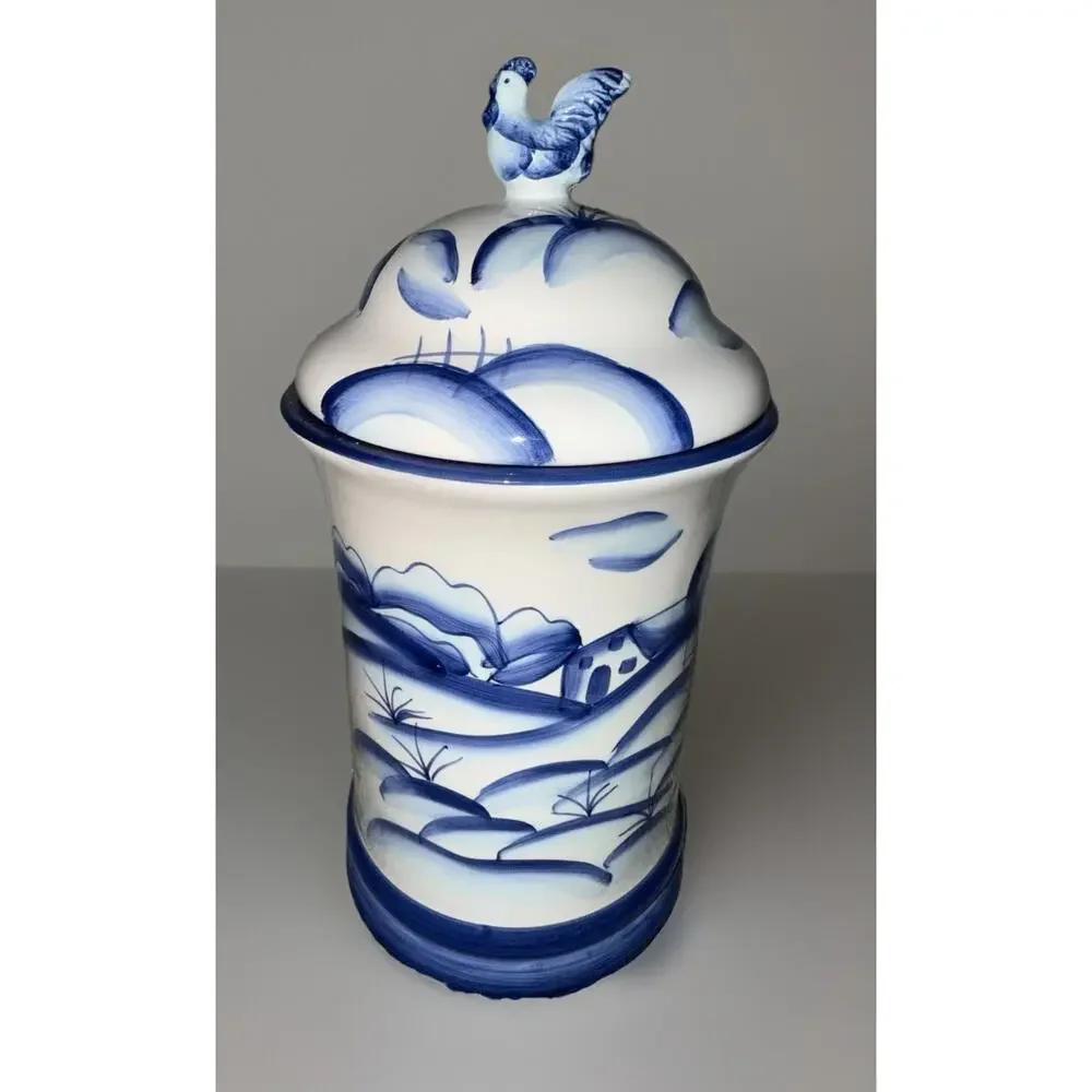 Vintage California Pantry Classic Ceramic w/ Lid Rooster Canister Farm Scene‎